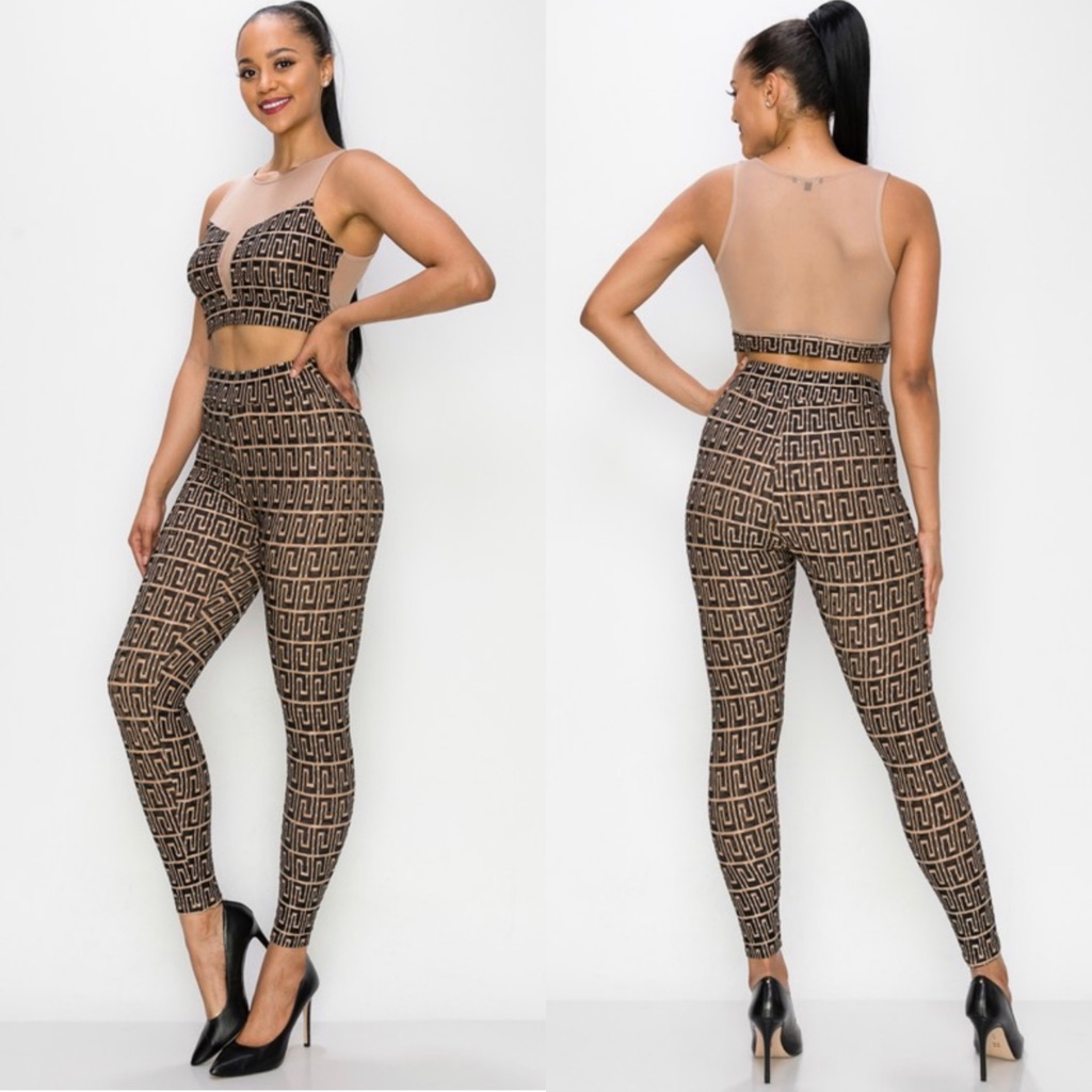 Egyptian Print Mesh Crop Top And Pant Set